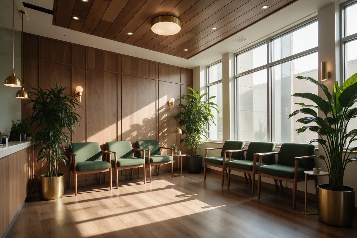 Modern clinic waiting room with wood, green chairs and tall plants