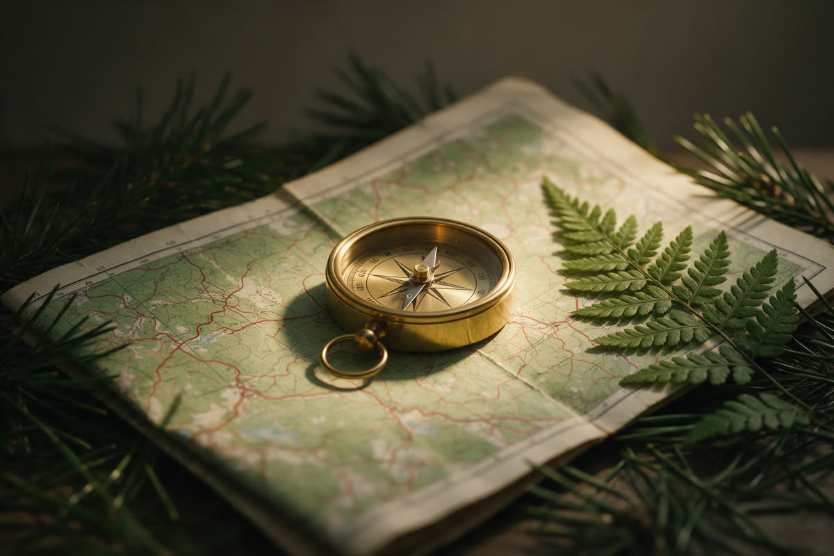 Brass compass on a folded trail map with pine needles and fern